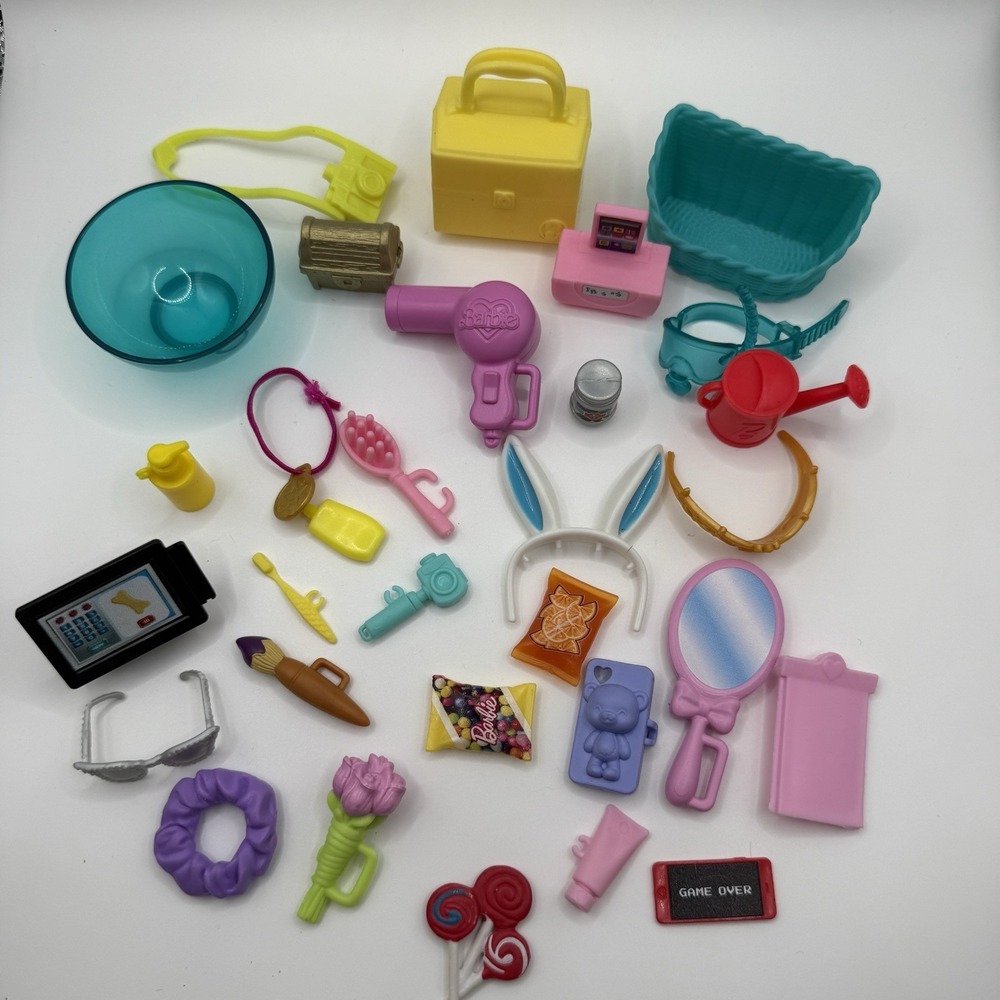 Barbie Fashion Doll Accessory Lot 30 Pieces Assorted Brush Plant Bowl Camera +